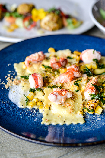 Corn Ricotta Raviolis with Lobster and Truffle