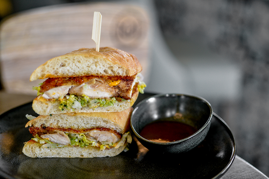 Green Curry Chicken Breast Sandwich, Toasted Cibatta, with Dipping Sauce